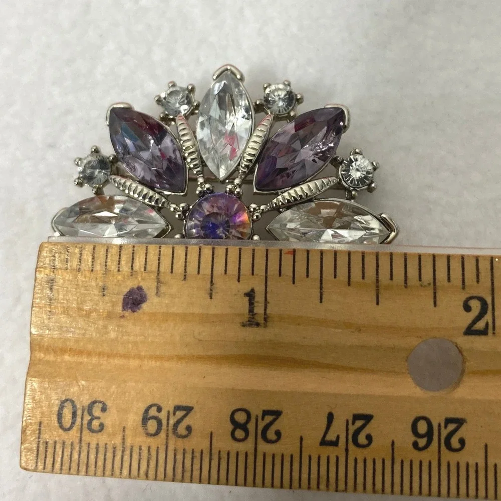 Womens Starburst Brooch Purple Clear Rhinestone Silver Tone Pendant for Necklace